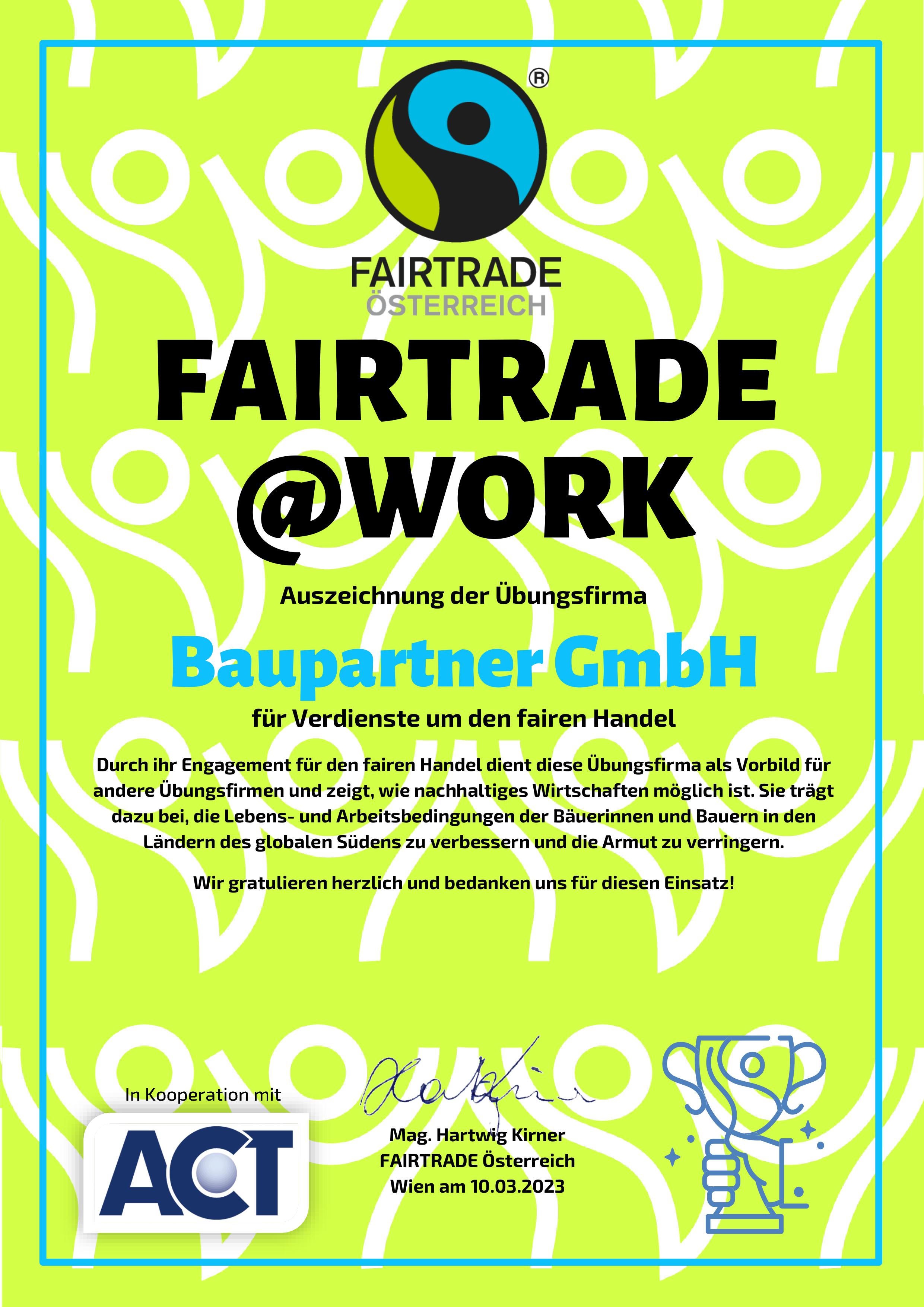 FAIRTRADEWork Auszeichnung Baupartner GmbH